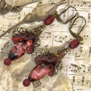 Dark Red Brown Bronze Hand Painted Lucite Flower Earrings, Crystal, Filigree